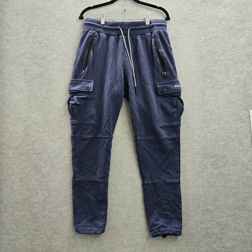 ECHT Women Activewear Pants L Blue Cargo Fleece Jogger‎ Zipper Button 27" Inseam